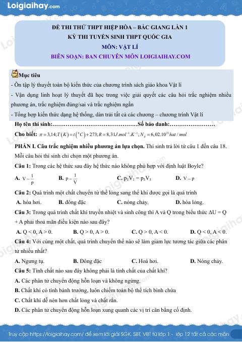 Đề thi thử THPT môn Vật lí lần 1 năm 2025 Trường THPT Hiệp Hòa (Bắc Giang)